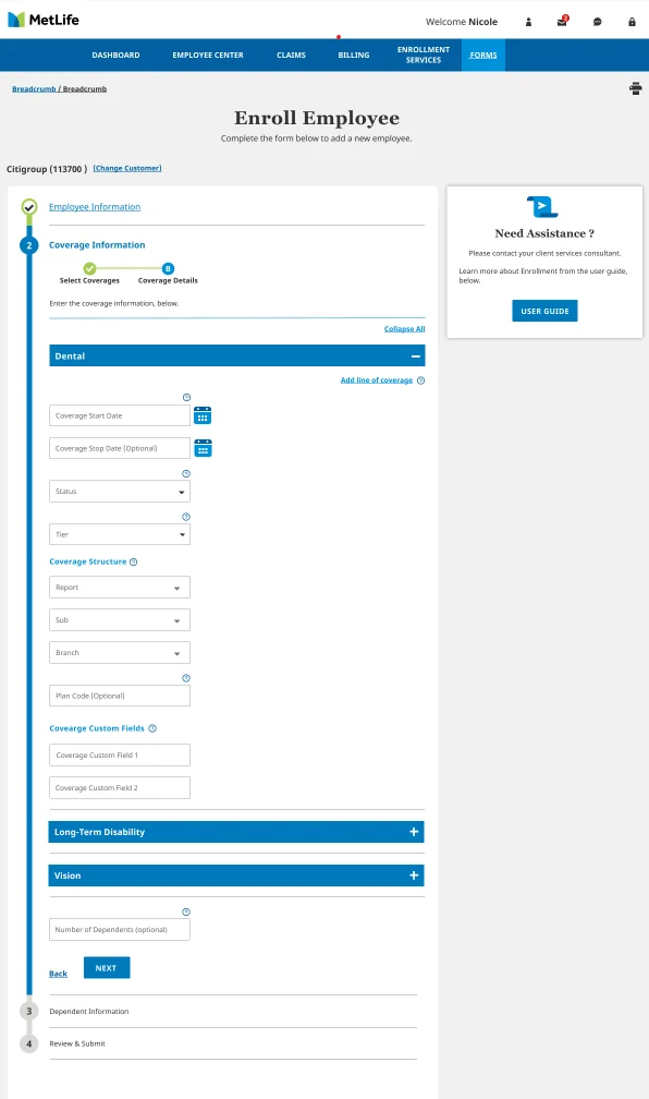 MetLife Enrollment New — Coverage Details full form