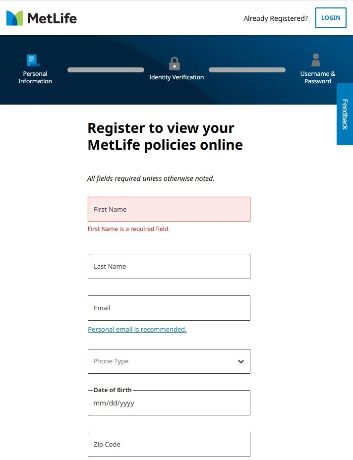 MetLife Registration Mobile View